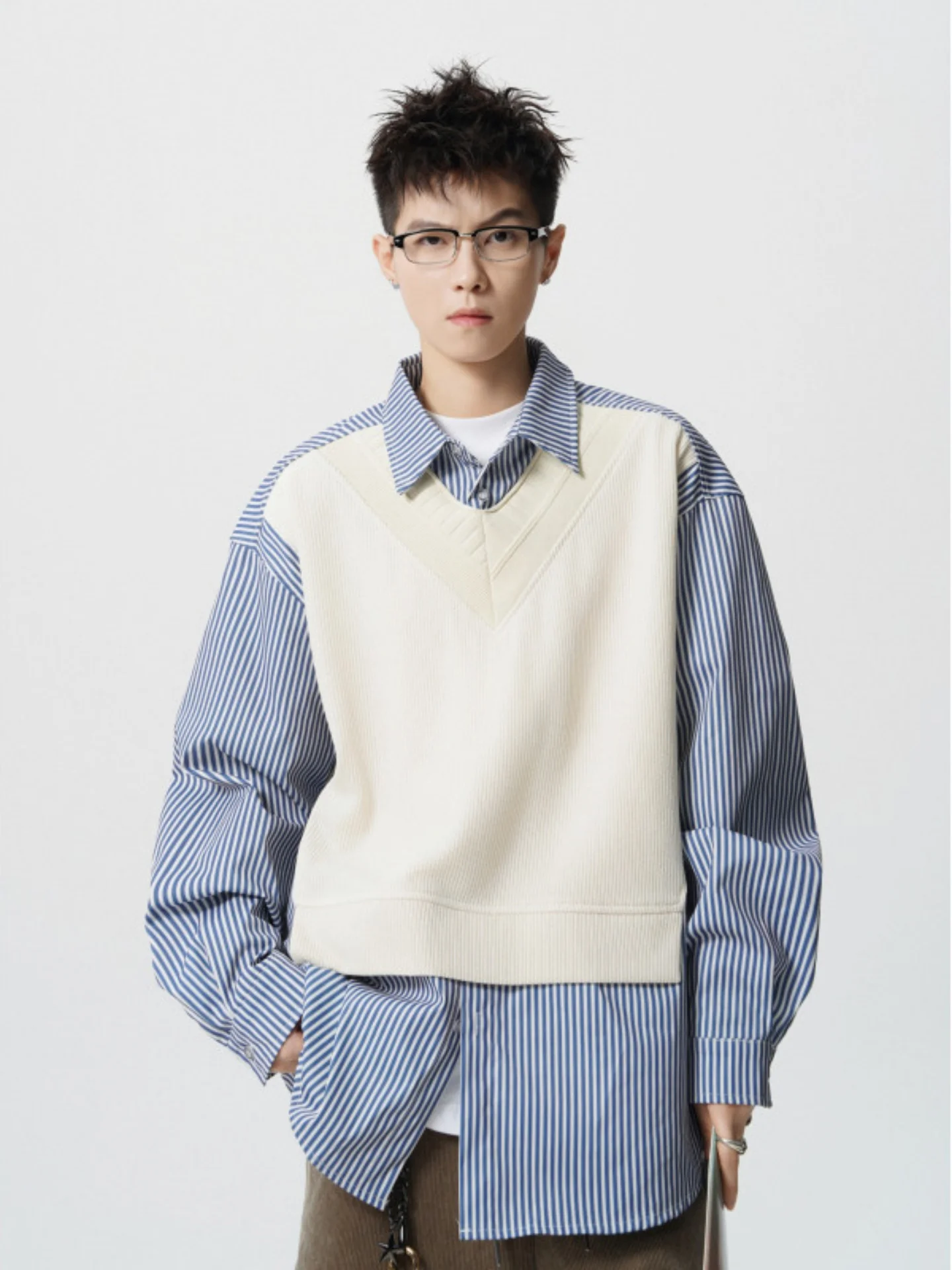 

Вязаная рубашка в полоску с элементами пэчворка, мужская, с длинным рукавом, в повседневном стиле, модная верхняя одежда, осенний топ, на пуговицах, свободного кроя, без карманов