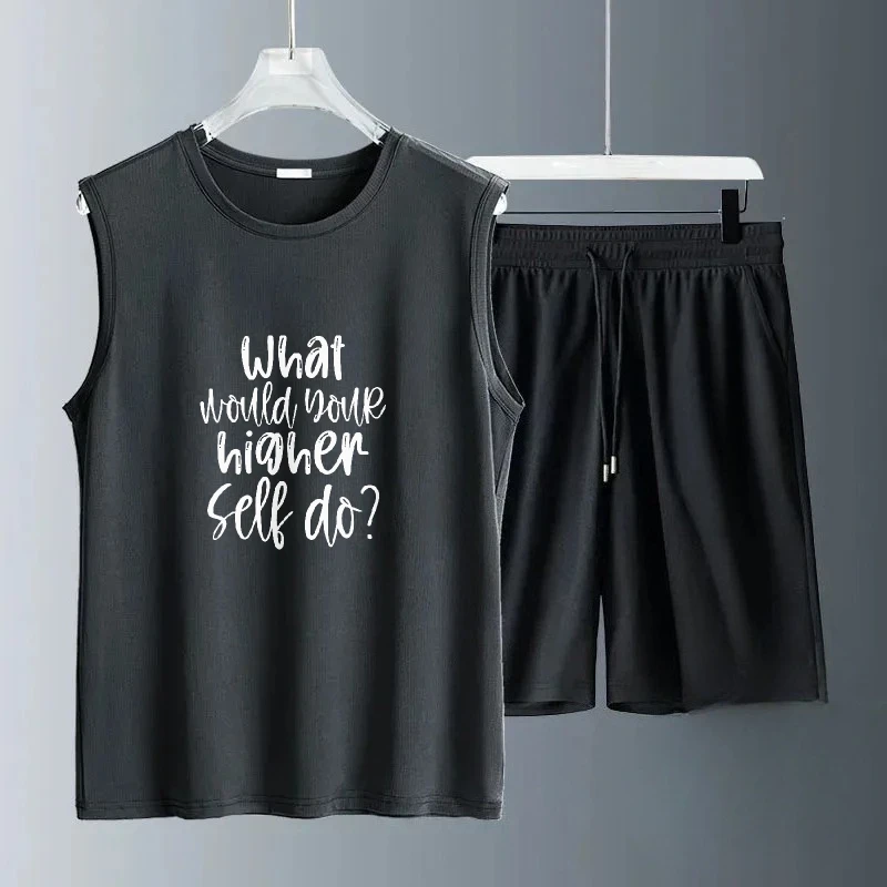 

Men's Summer Sleeveless Vest Five-point Shorts T-shirt + Breathable and Lightweight Sportswear + Fashion Printing Two-piece Set