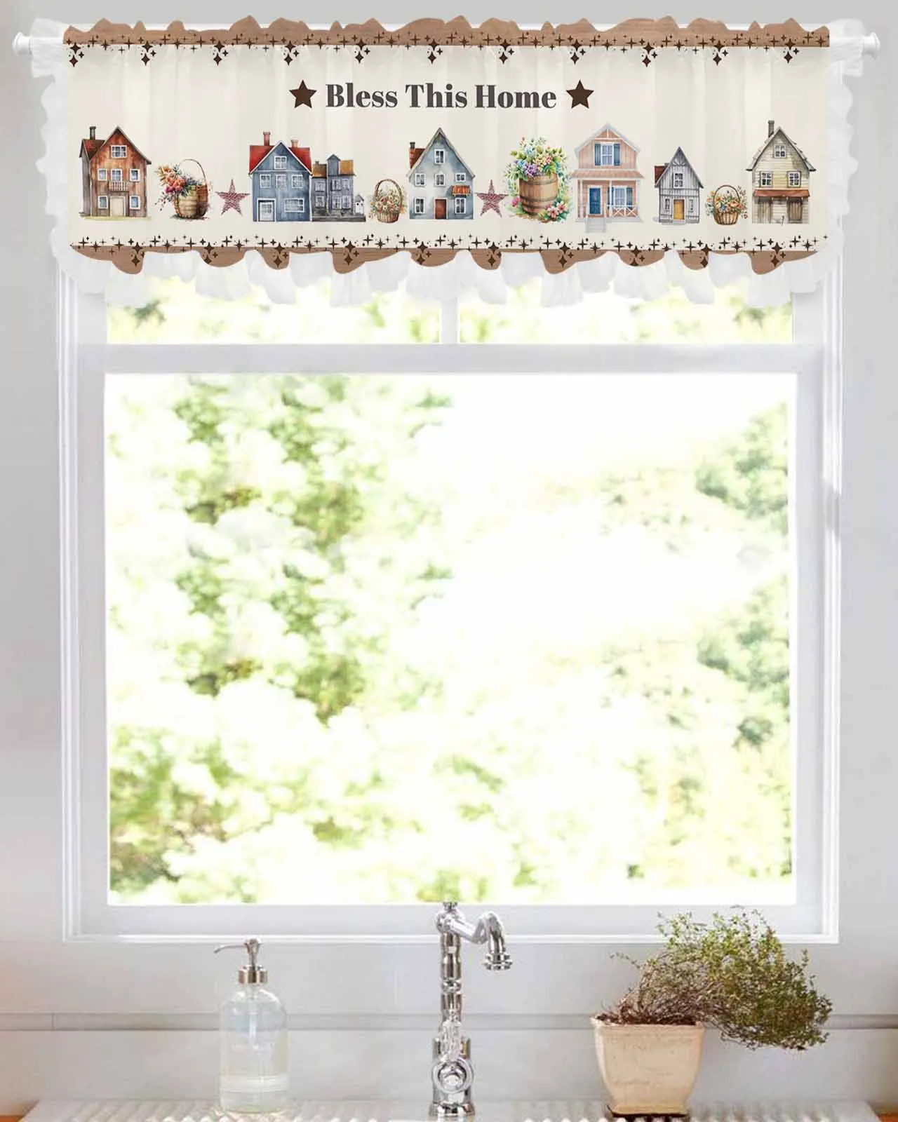 Watercolor House Stars Wood Grain Short Tulle Half Curtains for Living Room Kitchen Door Cafe Window Sheer Valance Drapes