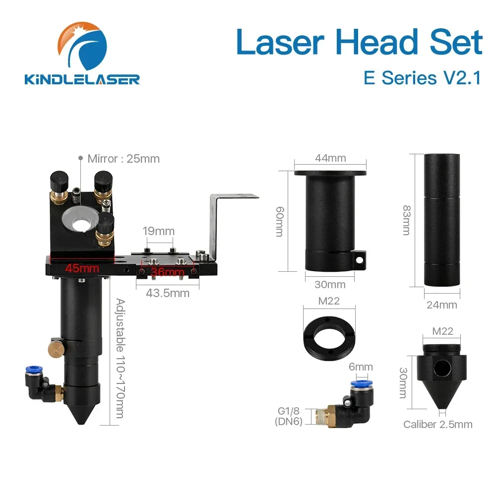 KINDLELASER E Series CO2 Laser Head Set 1 Pcs Dia.18 20 Focusing Lens 3 Pcs Si / Mo Mirrors for Engraver Cutting Machine Parts