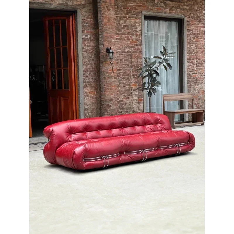 Medieval steel tooth leather sofa, living room straight row retro oil wax leather sofa