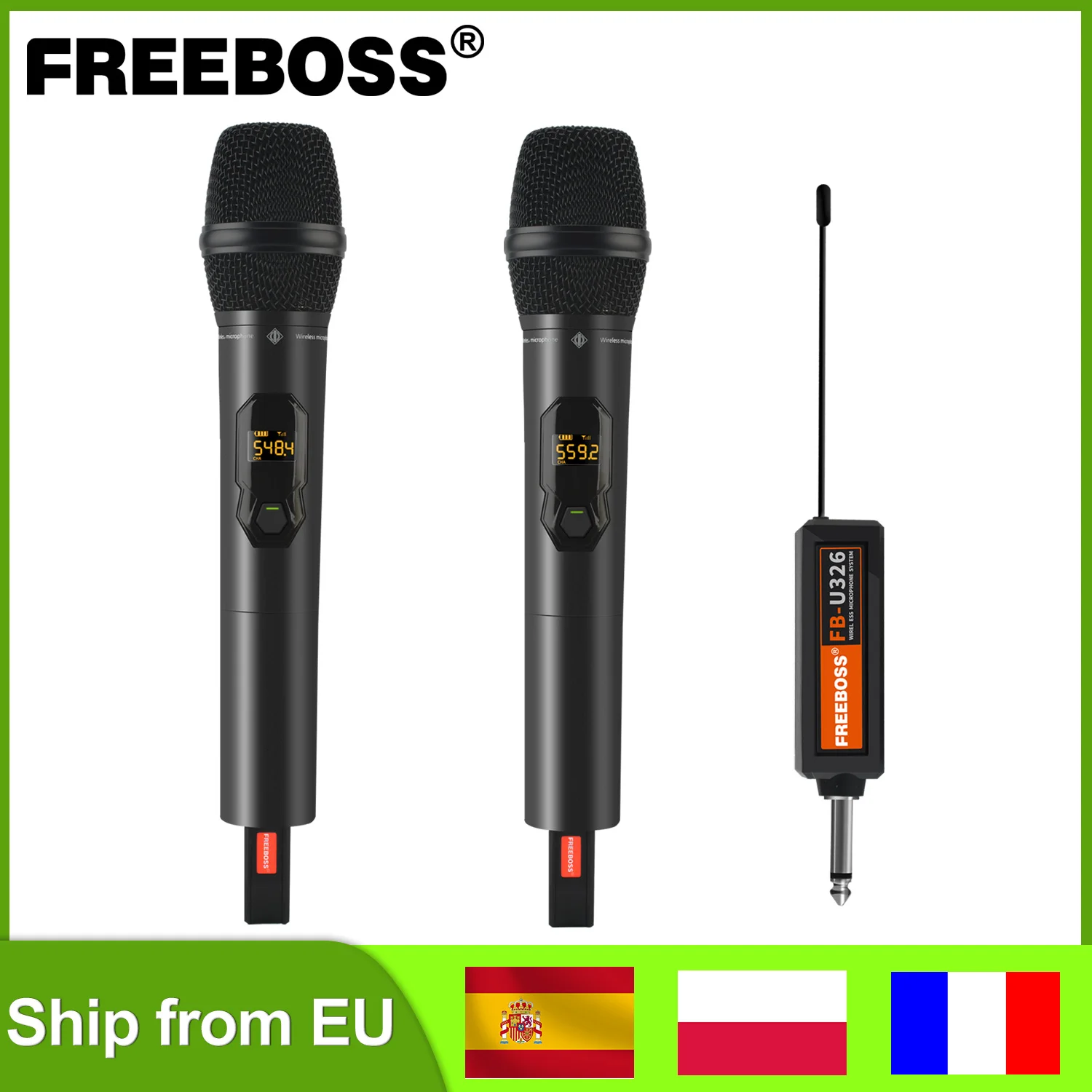 FREEBOSS 2 Channels Wireless Microphone UHF Multi-Frequency Dual Handheld Transmitter Dynamic Mic Karaoke Party Church FB-U326