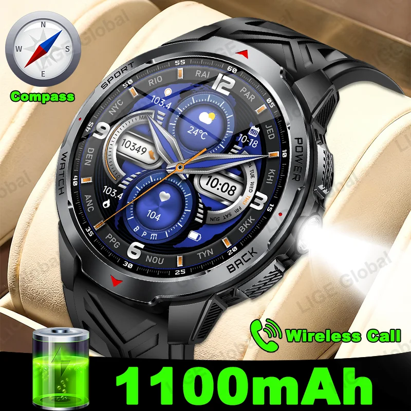 

LIGE военные умные часы для мужчин, аккумулятор 1100 мАч, уличный светодиодный фонарик, компас, пульс, спортивный фитнес, голосовой вызов, 1,7 дюйма, HD часы