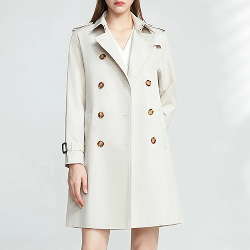 Coupe-vent mi-long à double boutonnage pour femme, manteau imperméable personnalisé, beige