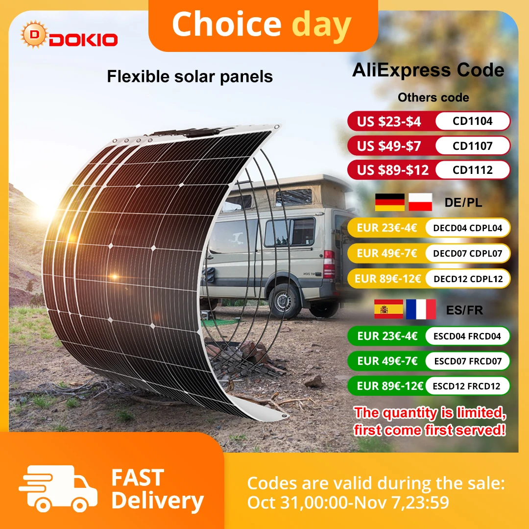 

DOKIO 100W-400W 18V monocrystalline flexible solar panel, suitable for camping, RV installation can charge 12V batteries