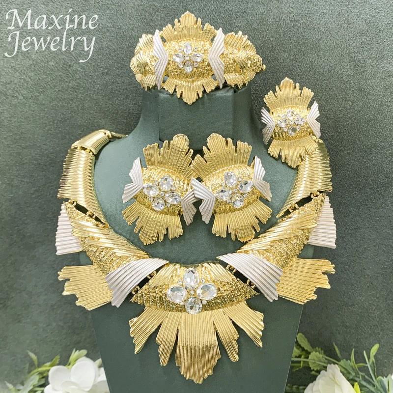 

Роскошный Дубайский позолоченный комплект ювелирных изделий, преувеличенное колье, воротник, ожерелье, серьги, браслет, кольцо, африканский подарок для свадебной вечеринки