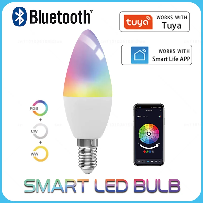 Tuya  Bluetooth Led Bulb Candle Smart Lamp E14  5W RGB Light 220V  APP Group Control Smart Life For Home Room Decoration