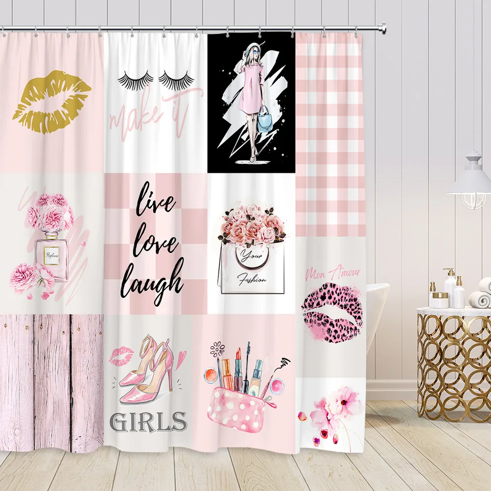 Pink Perfume Shower Curtains Cosmetics High Heels Flowers Black White Stripes Bathroom Decor Girl Fashion Vintage Bath Curtain