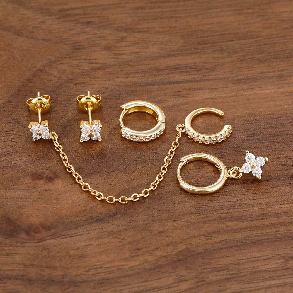 4PCS Sparkling Zircon Flower Dangle Earrings Set For Women Fashion Tassel Chain Ear Stud Ear Clip Trend Birthday Jewelry Gift