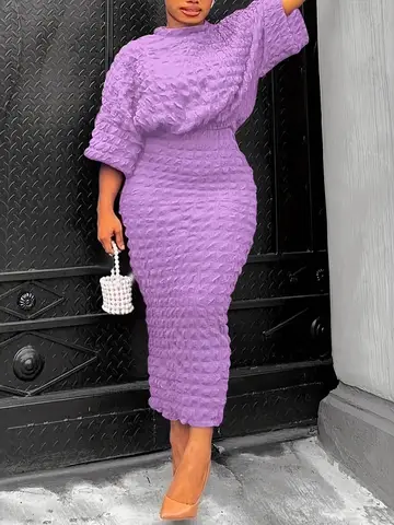 Wmstar Two Piece Set Plus Sized Women Wholesale Solid Color Bubble Fabric Bat Sleeve Top Skirt 2025 Summer Outfit Fancy Club