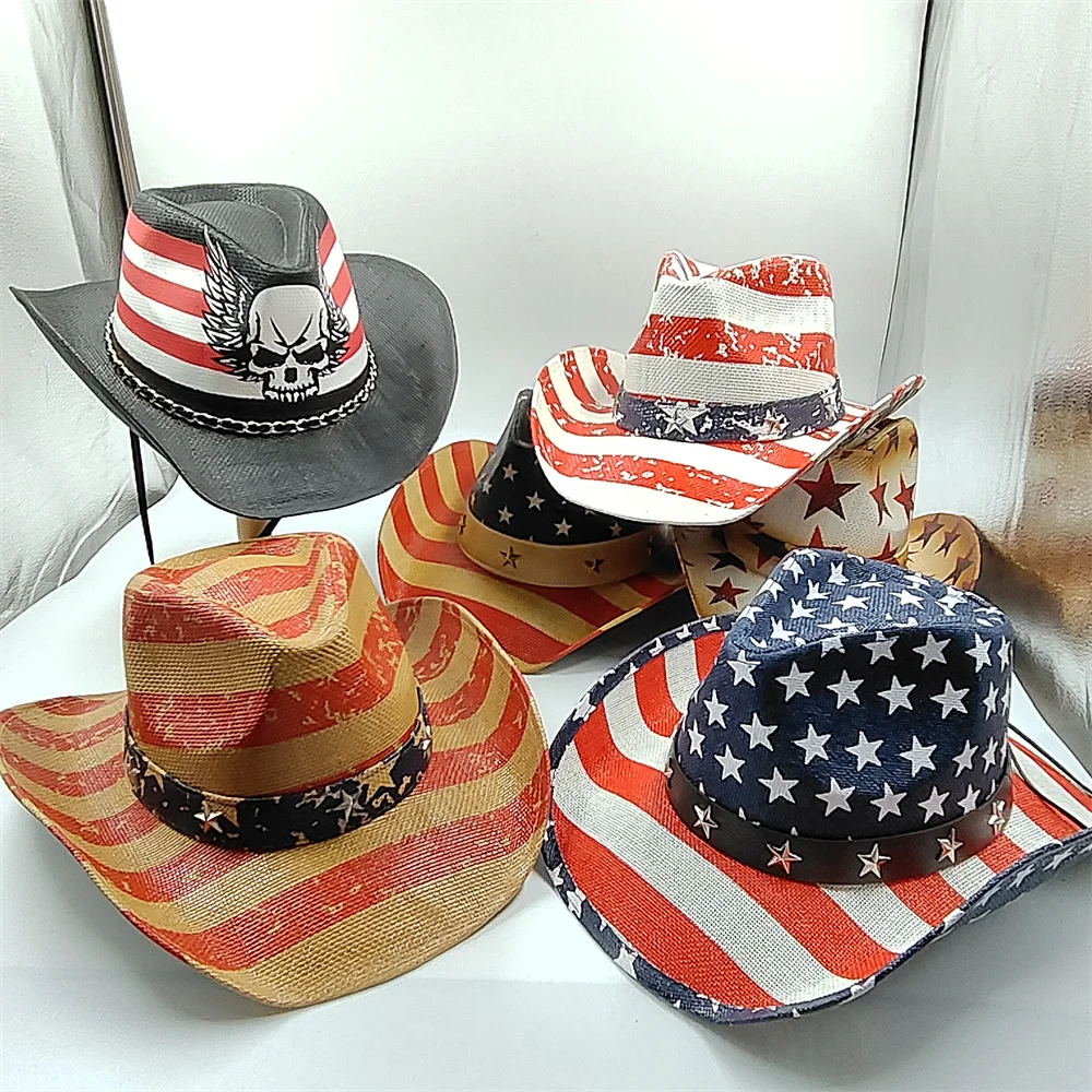 

2024 New Denim Hat Tie Dyed Straw Hat Star Jazz Straw Hat Panama Paper Grass American Western Denim Hat Fashion Travel Hat