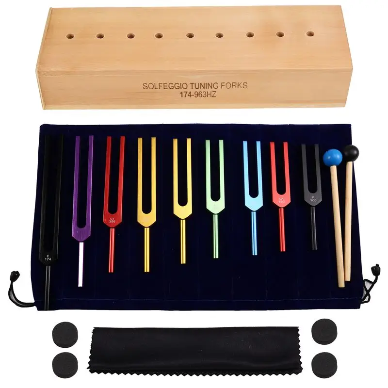 ABLB-Comprehensive Set Of 9 Colored Tuning Forks With Hammer For Healing Meditation, Packed In A Wooden Box For Yoga Instructors