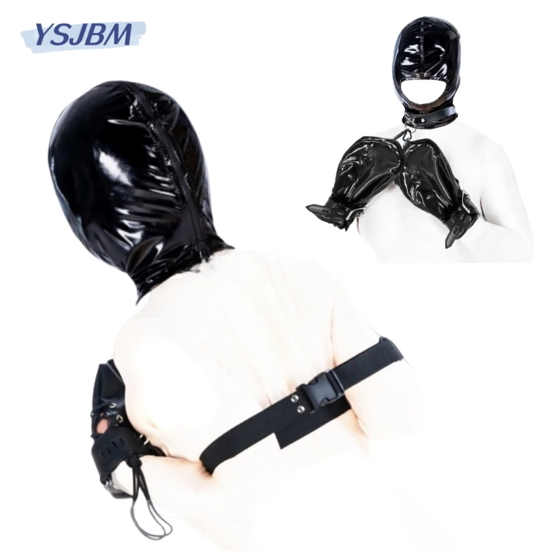 Sexy Bondage Hood Costume of Fetish Sensory Deprivation Wetlook Leather Mask with Handcuffs for Couple BDSM Role Play Sex Toys