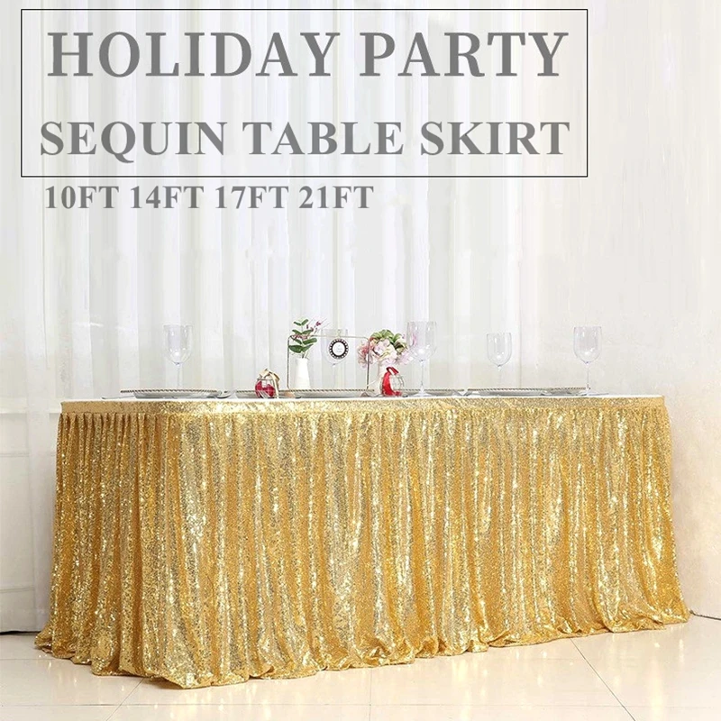 

Gold 10ft 3mm Sequin Table Skirt Rectangle Banquet Tablecloth Skirting For Wedding Event Party Decoration