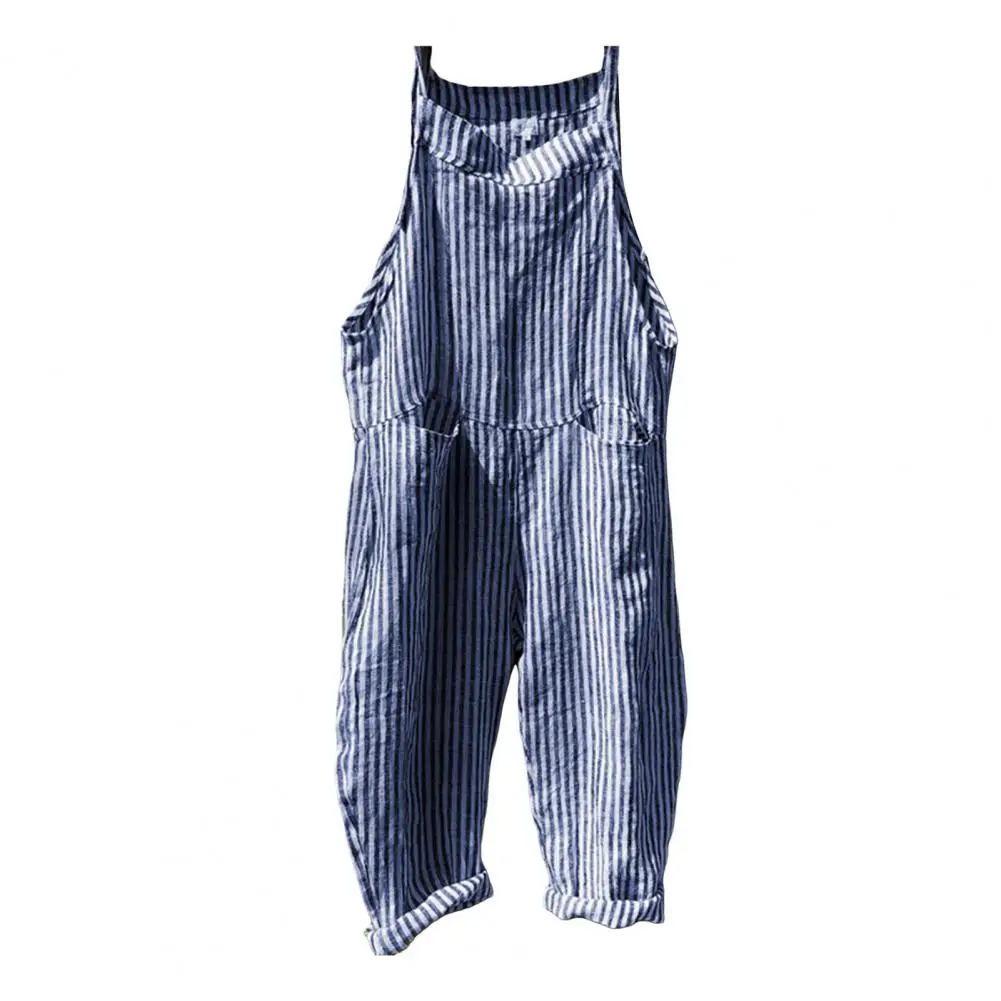 Striped Print Overalls Women Summer Jumpsuit Stylish Women's Striped Jumpsuit with Big Patch Pockets Plus Size Loose for Summer