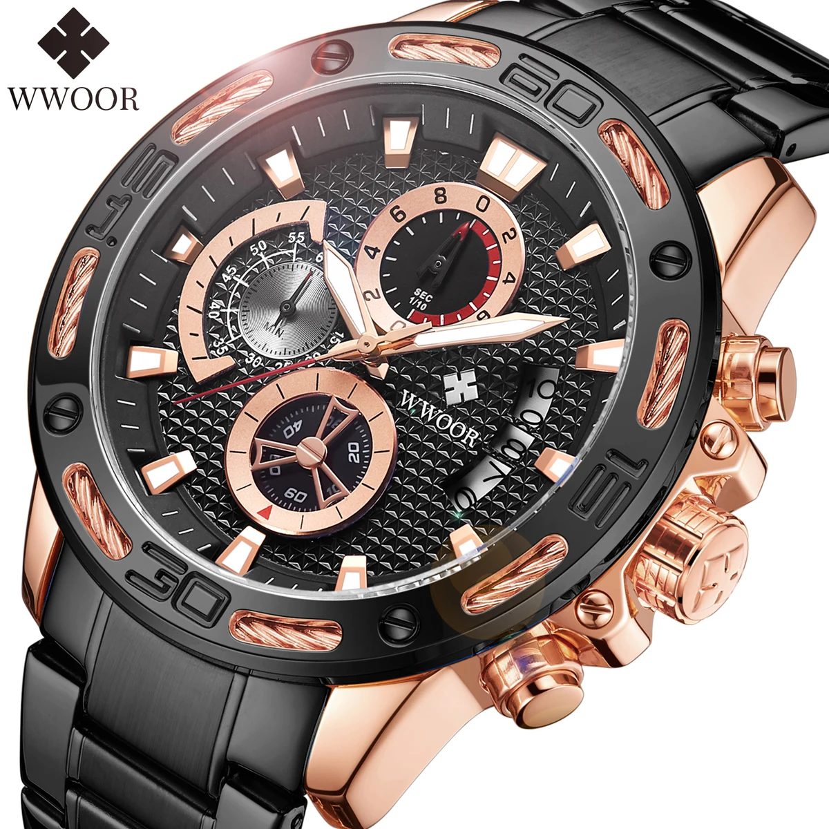 WWOOR Original Luxury Watch For Men Sports Chronograph Quartz Stainless Steel Waterproof Big Dial Luminous Men's Watches Reloj