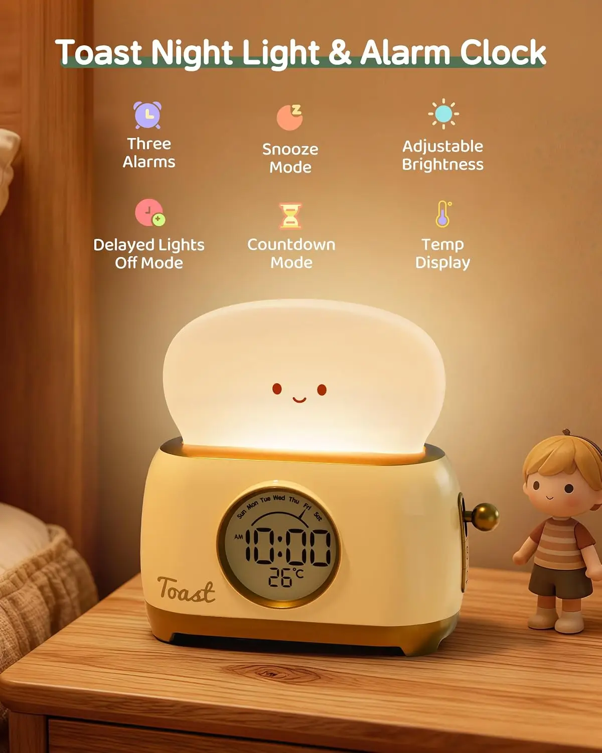 Alarm Clock for Kids, Cute Toast Night Light Alarm Clocks for Bedrooms, Dimming Rechargeable Small Led Desk Clock, Customized