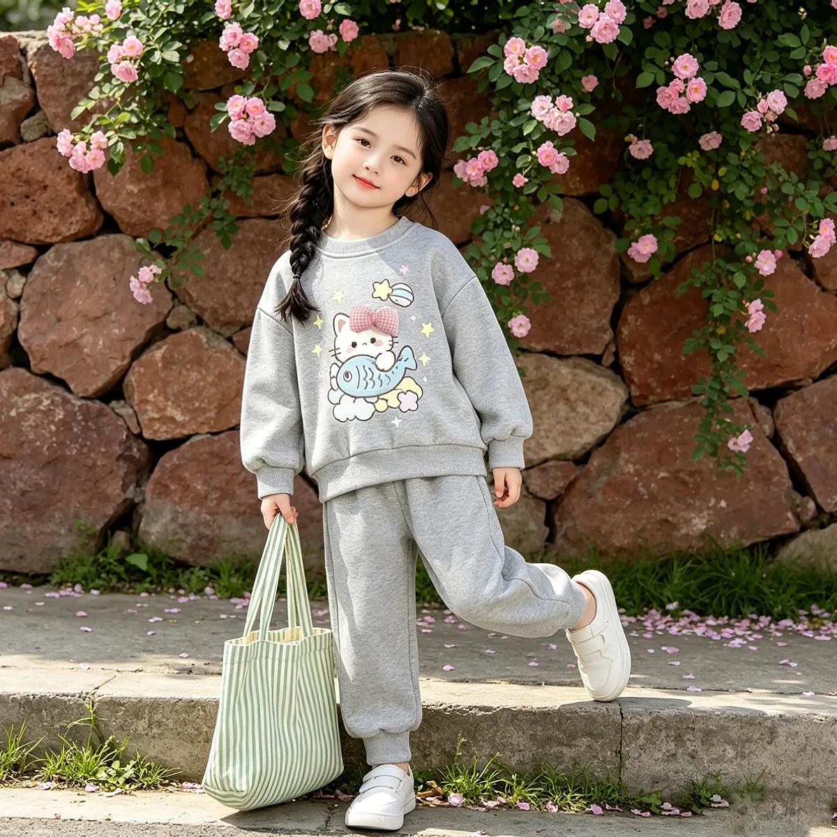 Mädchen-Cartoon-Katzen-Sweatshirt & Weitbein-Hosen-Set – Süßes koreanisches 2-teiliges Outfit für Kinder, lässige lockere Frühlings- und Herbstkleidung – Detail 3