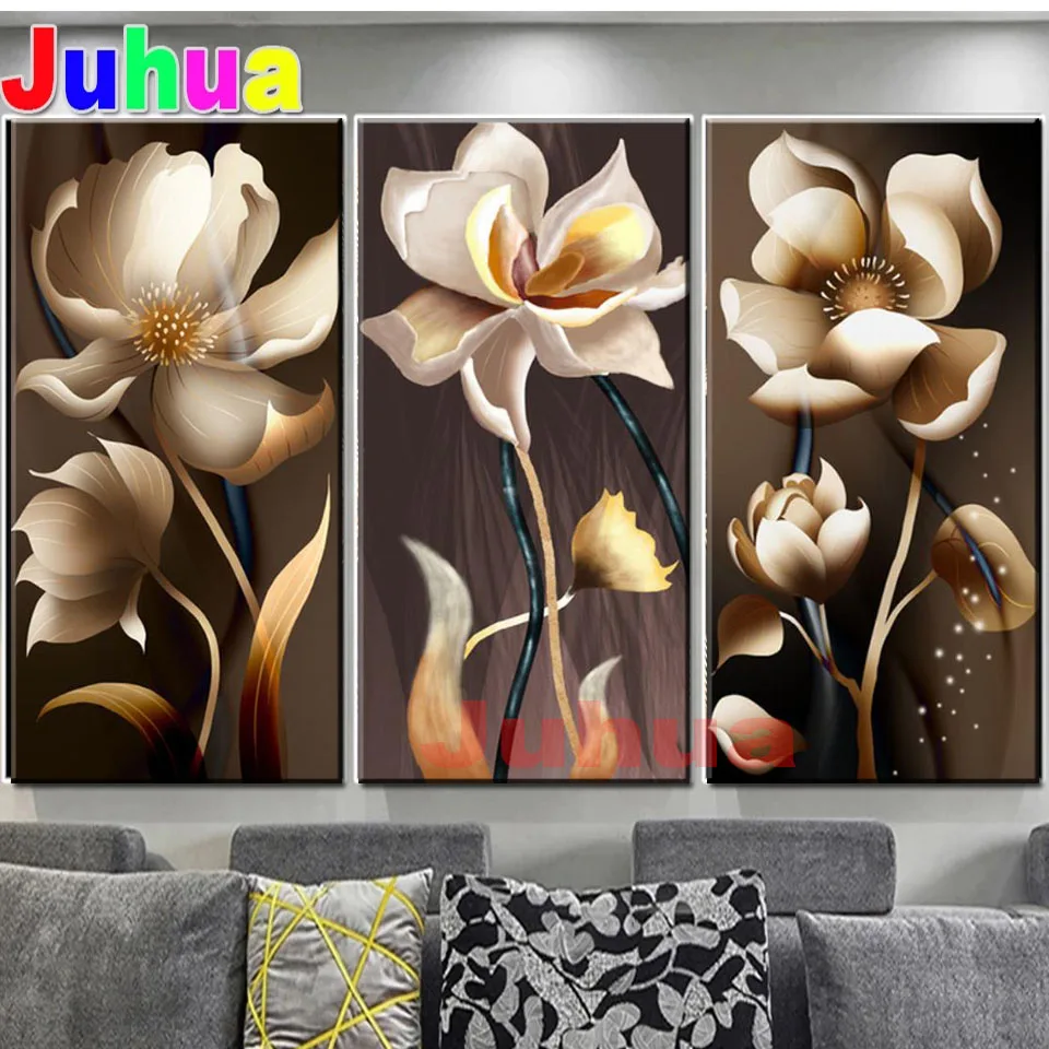 

Full Square Round Drill Diamond Embroidery Golden Lotus Flowers 5D Diy Diamond Painting Mosaic Abstract art Triptych Home Decor