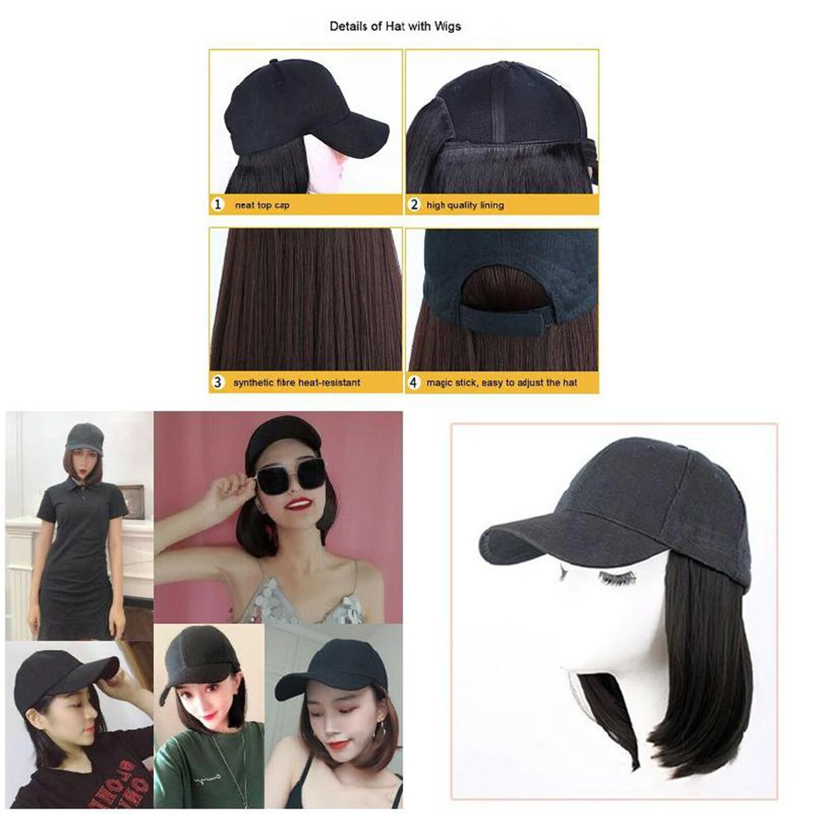 Straight Short  Hairstyle Wig Hat Adjustable Removable Easy to Care & Wear for Bad Hair Days like Busy Mornings Gym Days