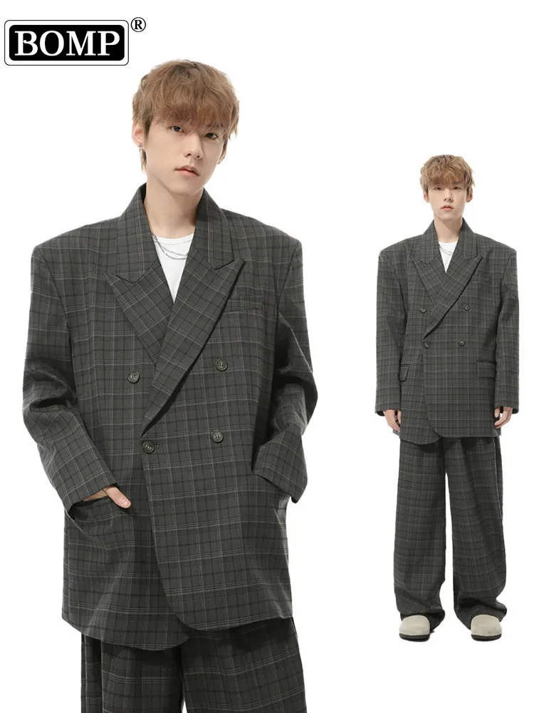 Men's | Autumn New Product Hong Kong Style Grid Double Breasted Loose Casual Suit Set Trendy