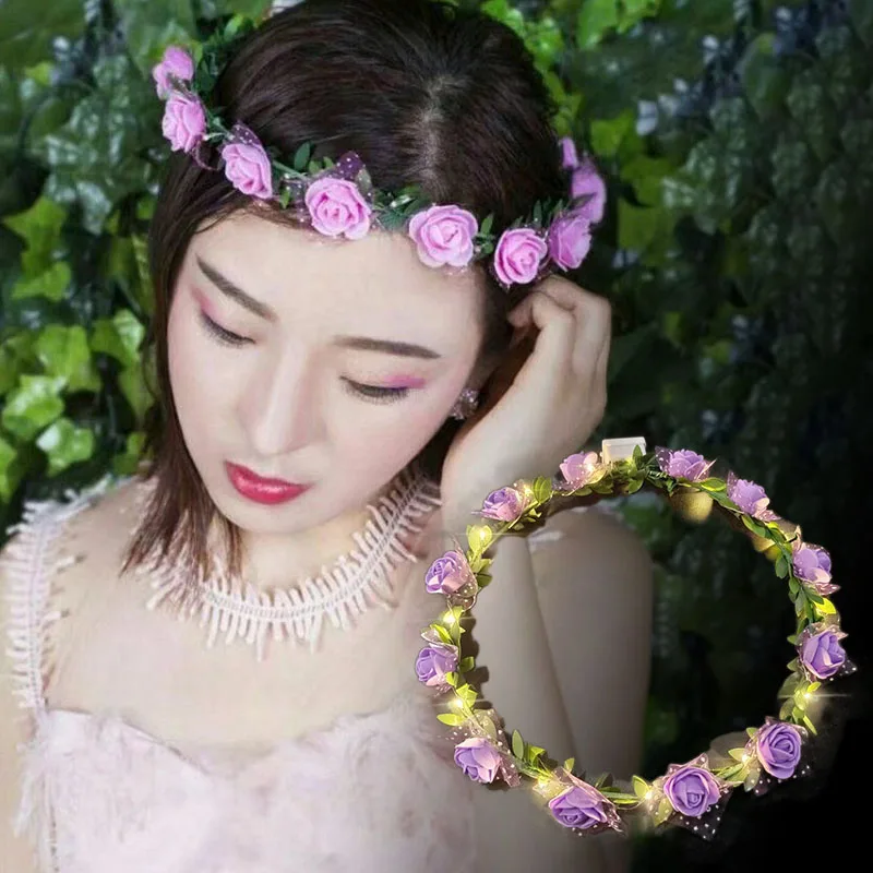 1Pcs LED Light Wreath Headband Artificial Flowers Garland Fairy Crown Glow Hairband For Women Wedding Party Hair Accessories