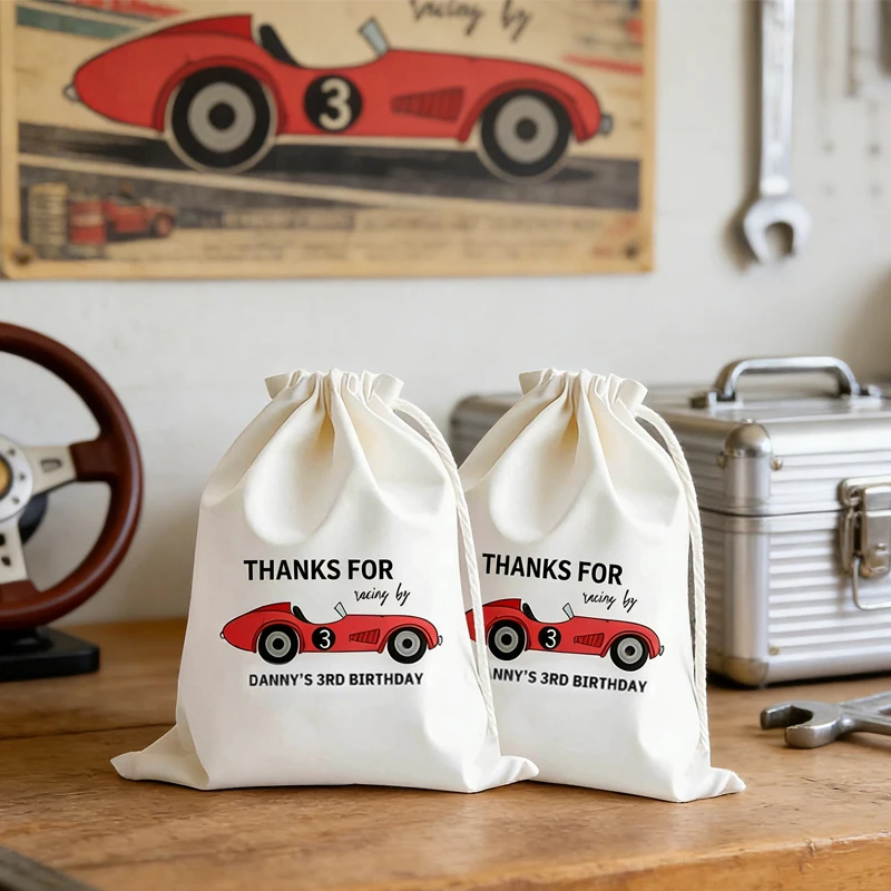 Personalisierte Rennwagen-Geschenktüten mit Kordelzug, Kindergeburtstag, Rennwagen-Thema, Willkommen, Dankeschön, Geschenk für Kinder, Party, Dekoration – Detail 7