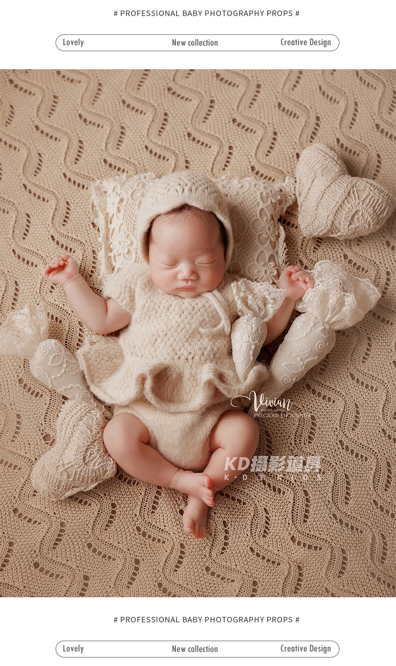 Puntelli per fotografia neonato Sfondo lavorato a maglia retrò Abito da coniglietto lavorato a maglia con set a tema cuscino in pizzo carota per servizio fotografico in studio