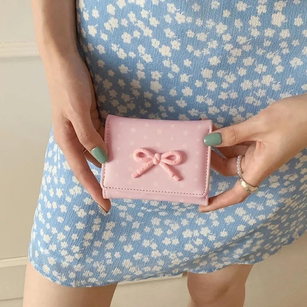 Polka Dot Bowknot Short Wallet Dopamine Color PU Leather Card Holder Coin Purse Large Capacity Card Organizer Card Holder Bag