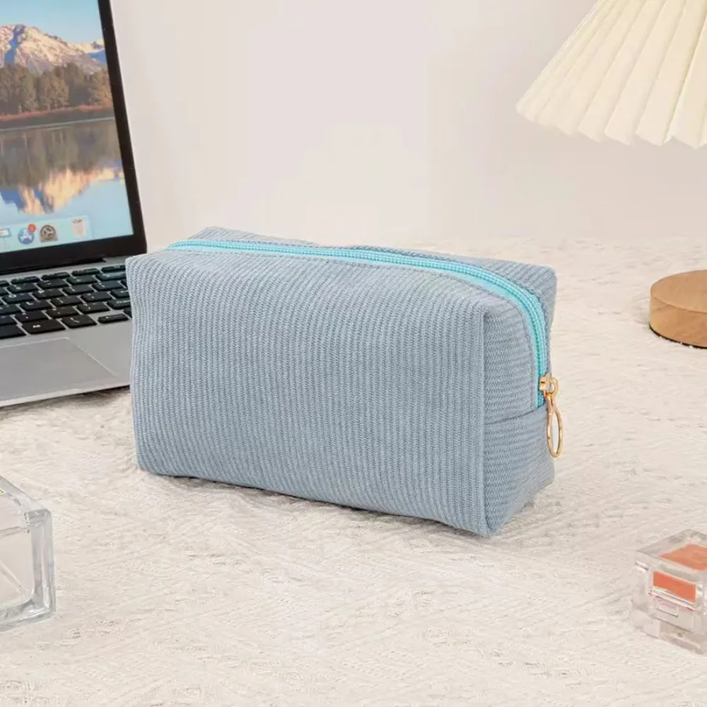 Solid Color Corduroy Makeup Bag – Spacious Waterproof-Lined Pouch, Uses for Cosmetics, Skincare & On-the-Go Kits