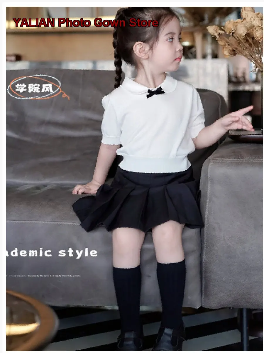 Girls Short Sleeves T-Shirt Infant Summer Ice Silk Breathable Round Neck Solid Color Bowknot Design