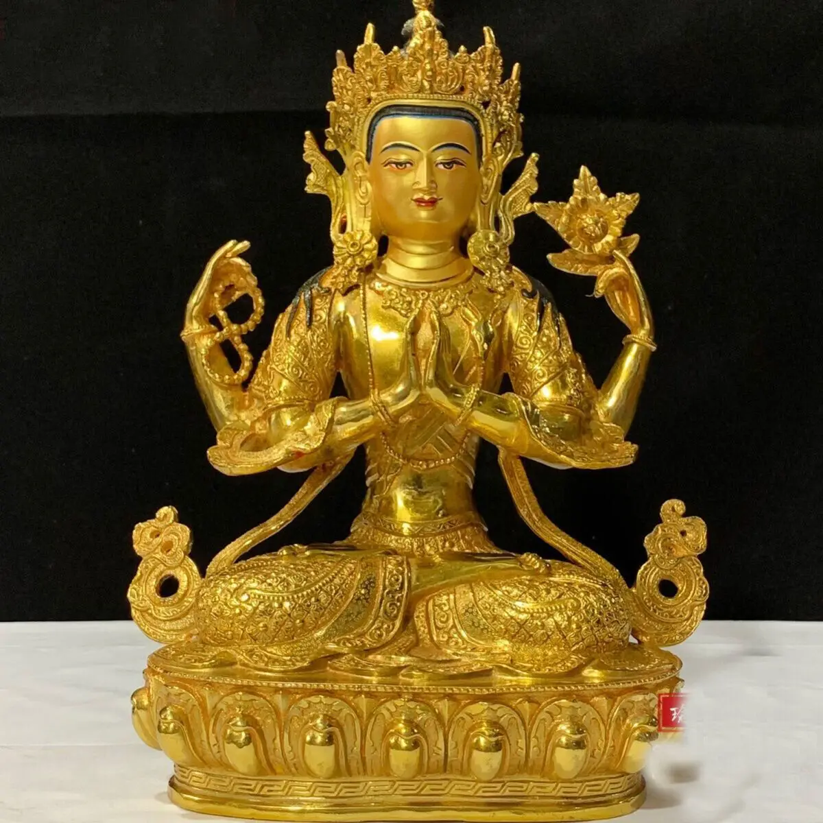 

12"/30cm Genuine Bronze Gilt Chenrezig Guanyin 4 arms armed Kwan-yin Statues