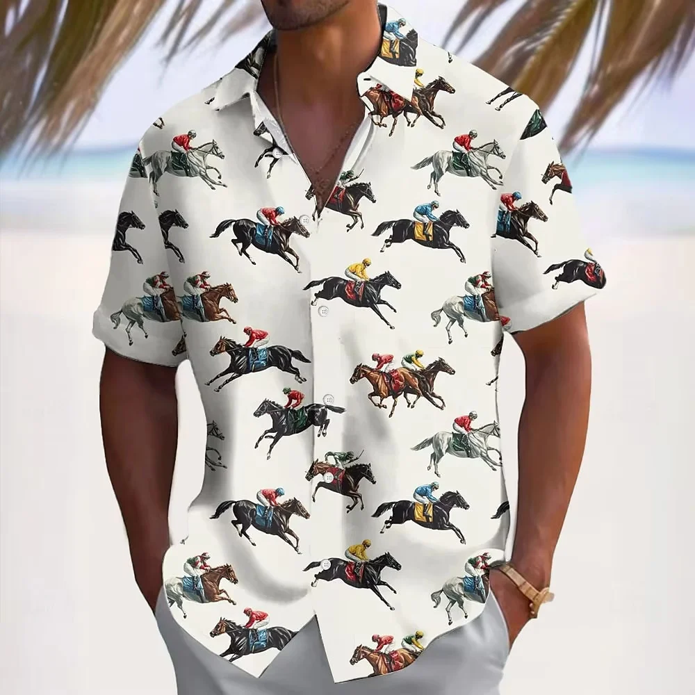 New Minimalist Men's Shirt Retro Horse Racing 3D Print Short-Sleeve T-Shirt Street-Style Hawaiian Button-Down Shirt