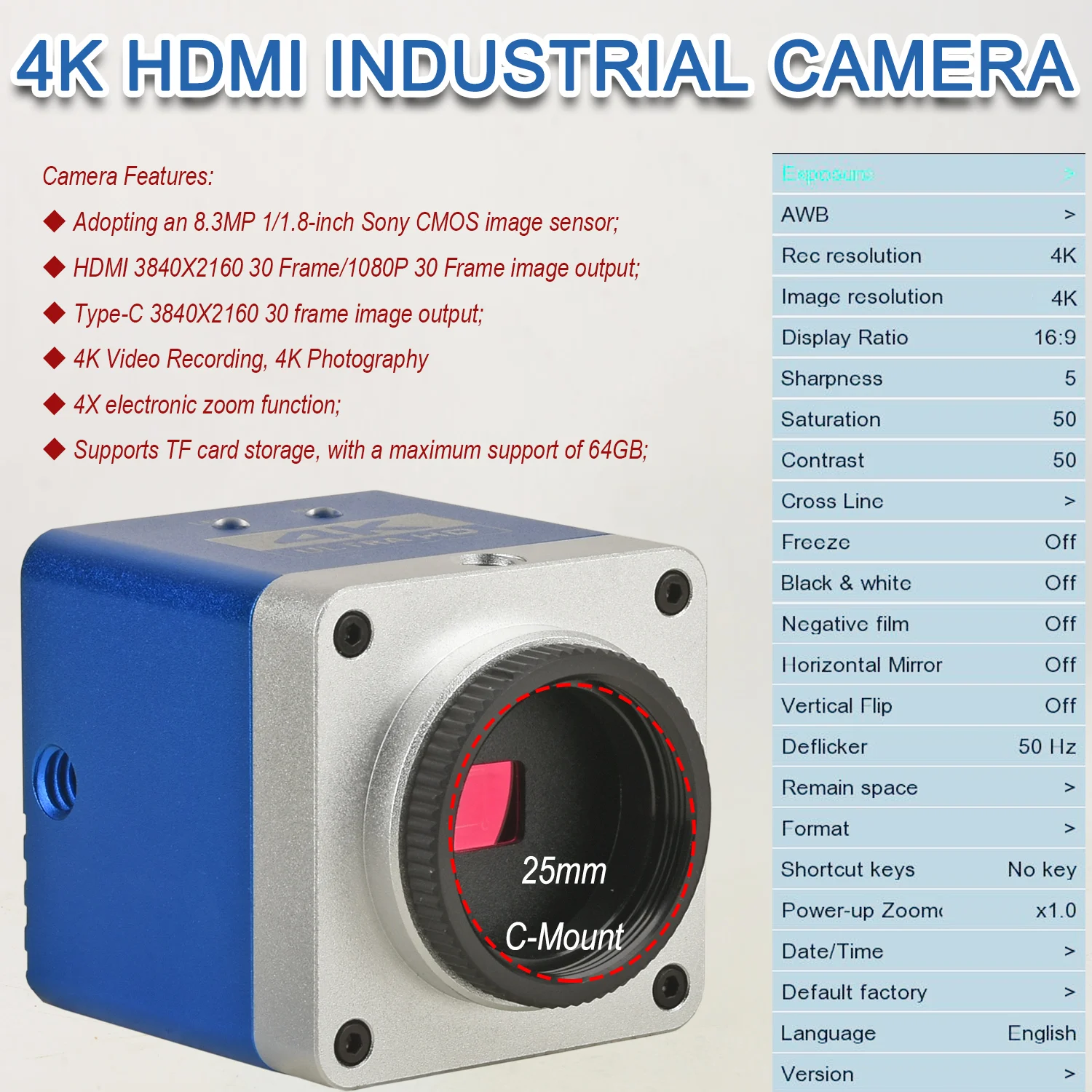 Cámara industrial del microscopio KOPPACE 4K HD 8,3 millones de píxeles Salida HDMI/Tipo-C