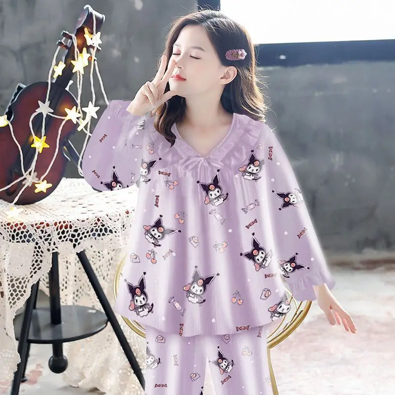 

Sanrio Girls Long Sleeve 2Pcs Kuromi Girls New Style Trousers Cinnamoroll Children's Cotton Pajamas Fresh Cartoon Wear Outdoor