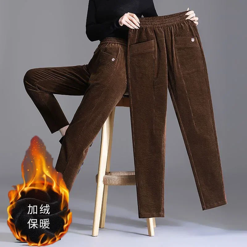 

Winter Women's Elastic Waist Solid Pocket Sequined Striped Commuter Loose Slim Corduroy Pants Fashion Casual Harlan Pants