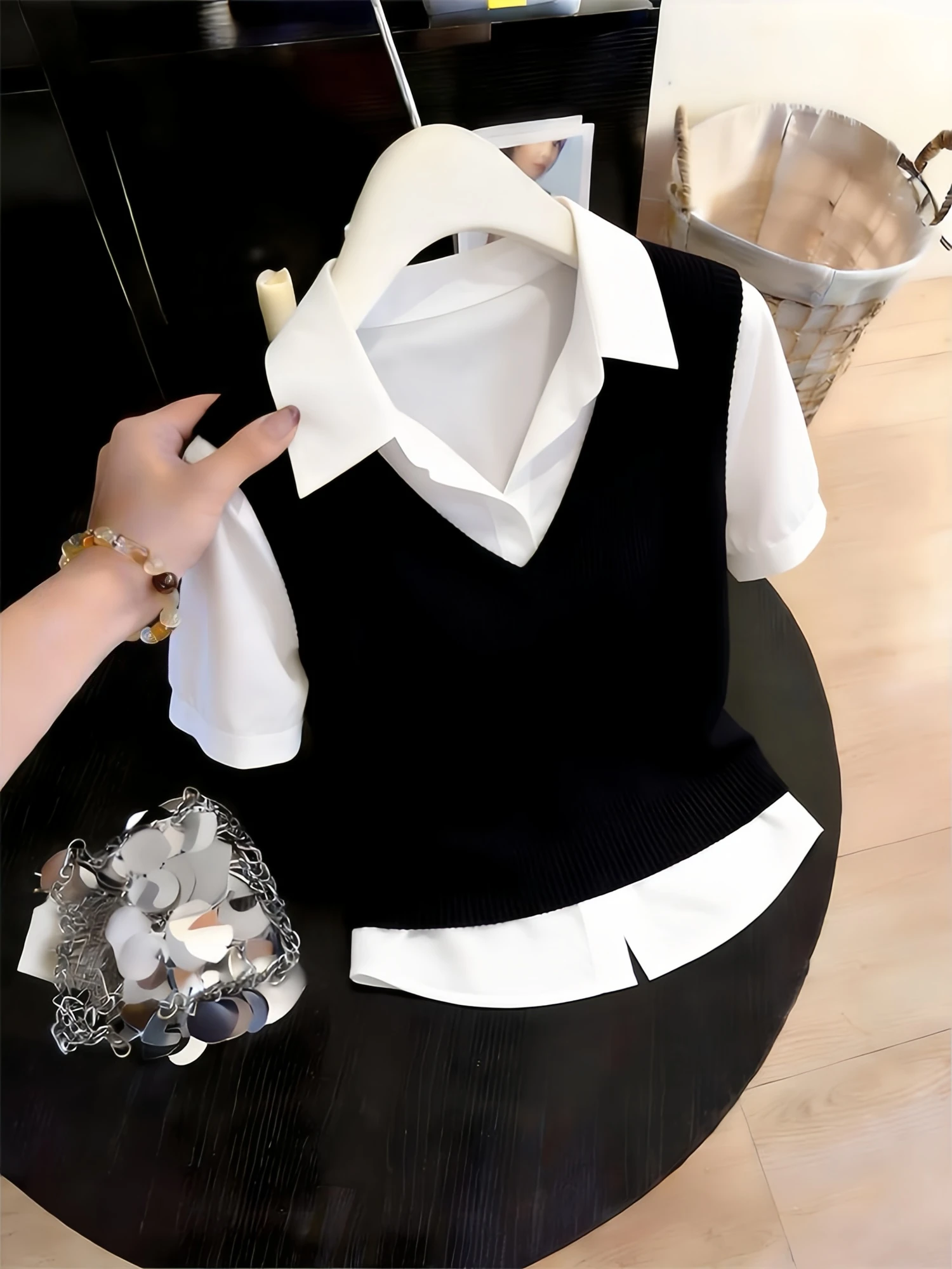 

plus Size Patchwork Short Sleeve Shirt Women's Summer Slimming Versatile Casual Style Shoulder Level Shirt Fake Two-Piece