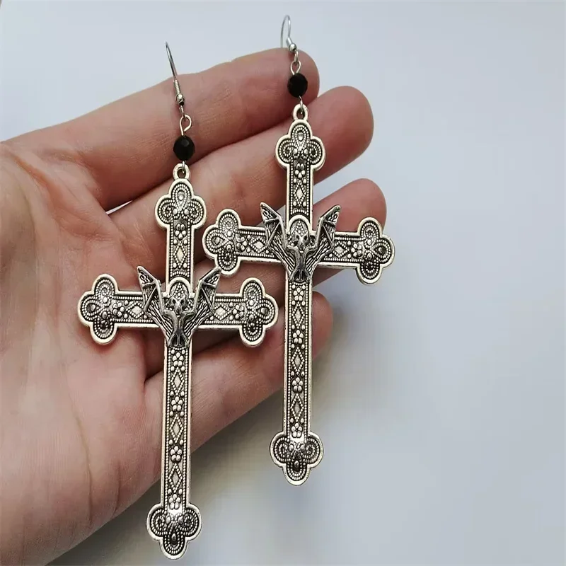 Gothic Antique Silver Color Filigree Vampire Bat Cross Earrings Vintage Religious Christian Faith Collar for Women Gift Jewelry