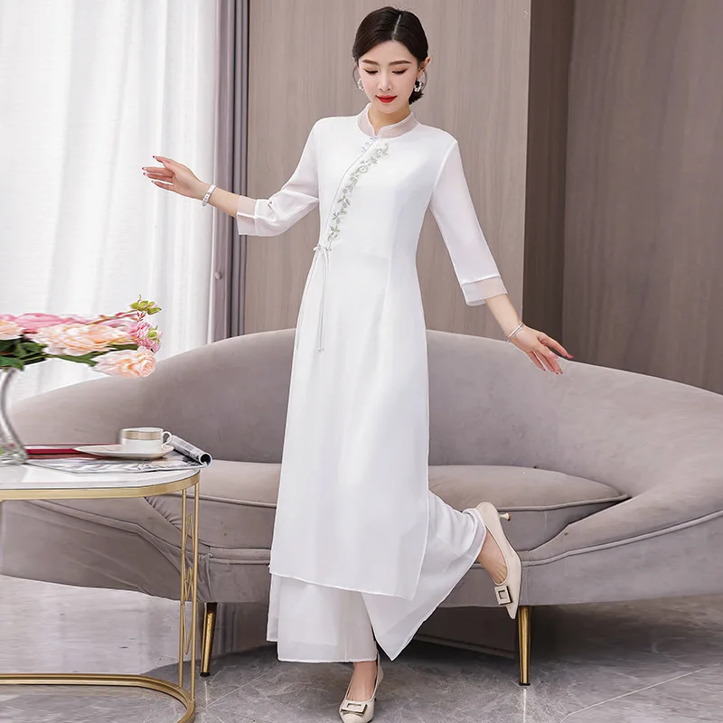 

Chiffon New Chinese Hanfu Traditional Qipao Two Piece Set Elegant Lace Standing Neck Medium Dress Fashion Embroidered Cheongsam