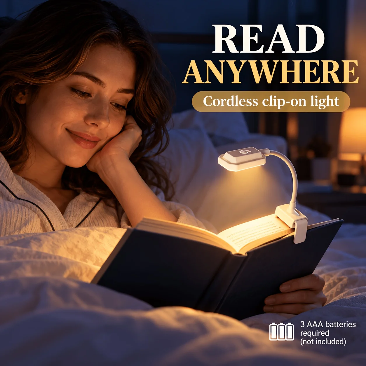 3 Color Clip-On Book Light, Battery Powered Reading Lamp with Flexible Neck Adjustable Brightness, Portable Cordless Read Light
