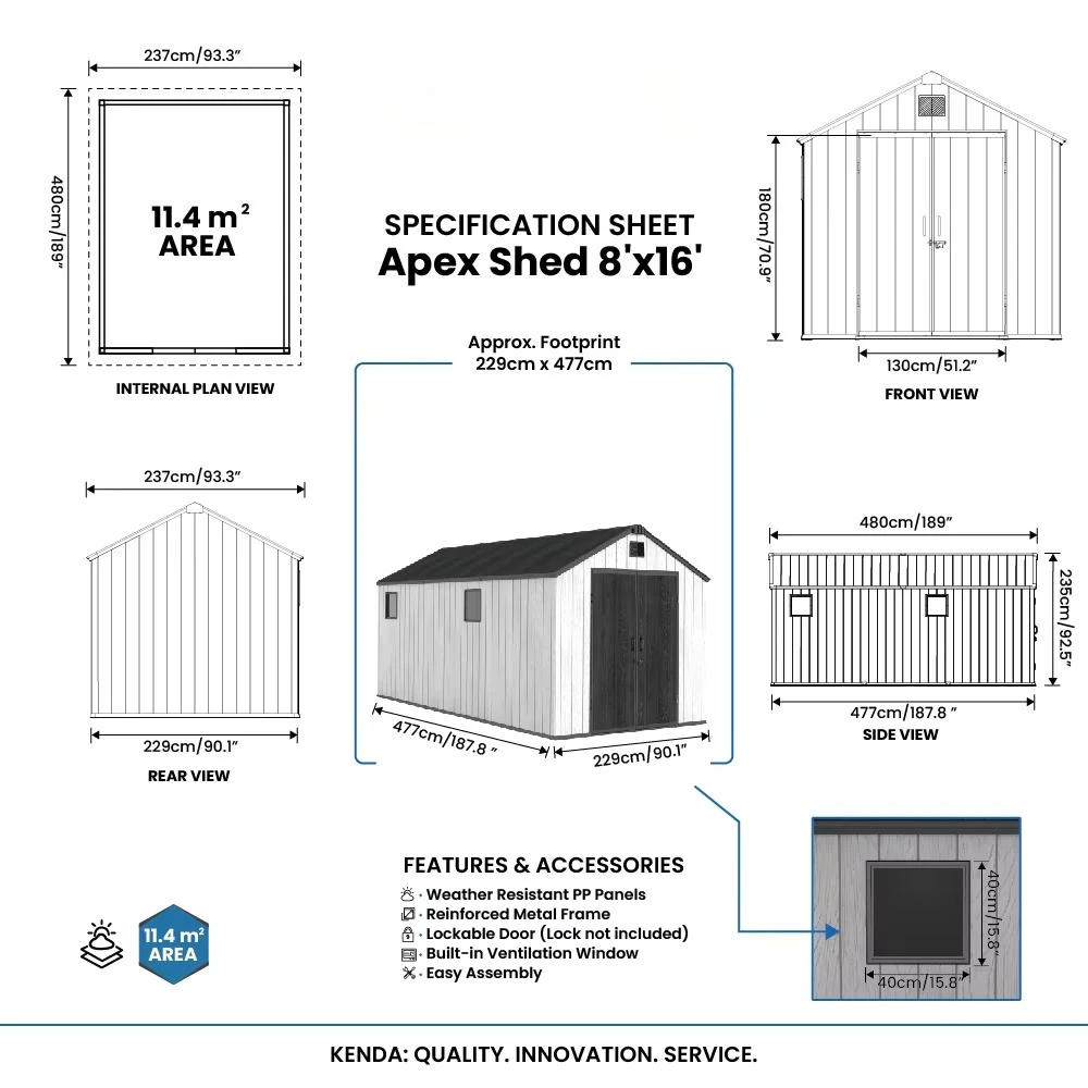 Waterproof PP 8x16ft Tool Shed Outdoor Storage Shed  Typhoon Resistant Raised Floor, Backyard Balcony Storage