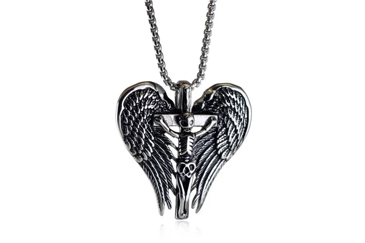 Retro Skull Demon Wings Cross Pendant Necklace Men's Fashion Punk Trend Exorcism Lucky Jewelry