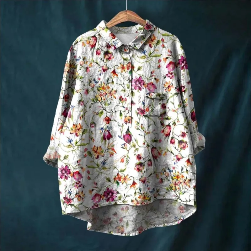 2024 European and American Style Women\'s Shirt Autumn New Long Sleeved Floral Fashion Fersatile Collared Shirt