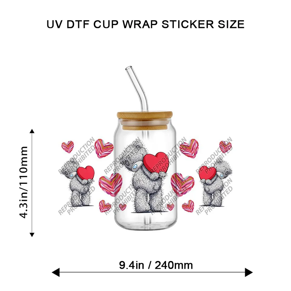 Shaggy Plush Teddy Bear UV DTF Cup Transfer Sticker Cute Bear with Bunny and Hearts Waterproof Wrap Decal for 16oz Tumbler
