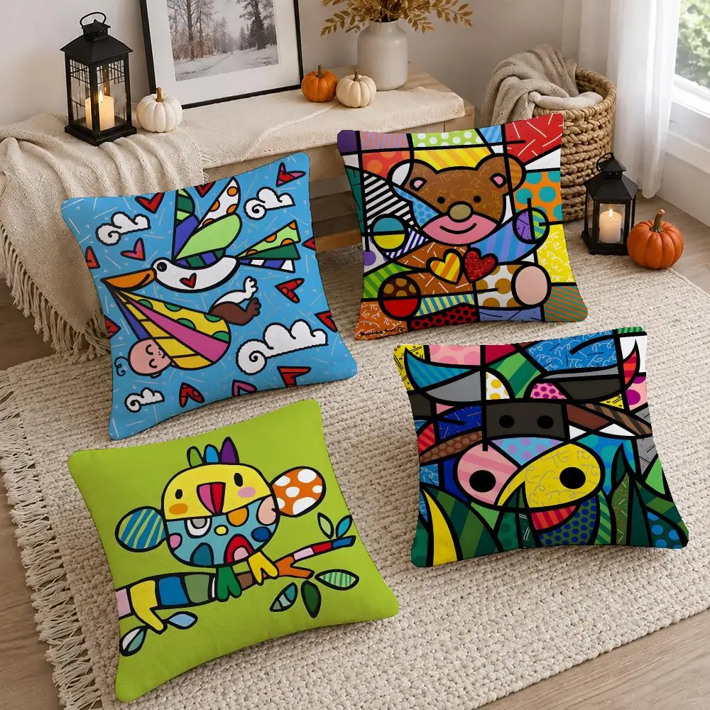 Pop Artist Romero Britto Cushion Cover Short Plush Pillow Cover, Washable Wrinkle-Resistant for Sofa Bedroom Decor Gift
