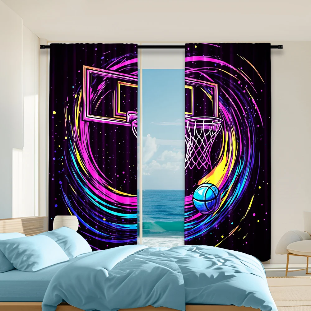 2Pcs Modern Basketball Hoop Printed Curtains Polyester Drapes For Bedroom And Living Room Light-Blocking Privacy Home Decor_ai8