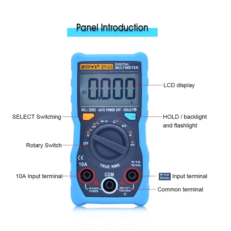 ZOYI ZT-C3 Auto range Digital multimeter 4000 Counts TRMS AC/DC Ammeter Voltmeter Ohm multimetroTester LCD Backlight flashlight