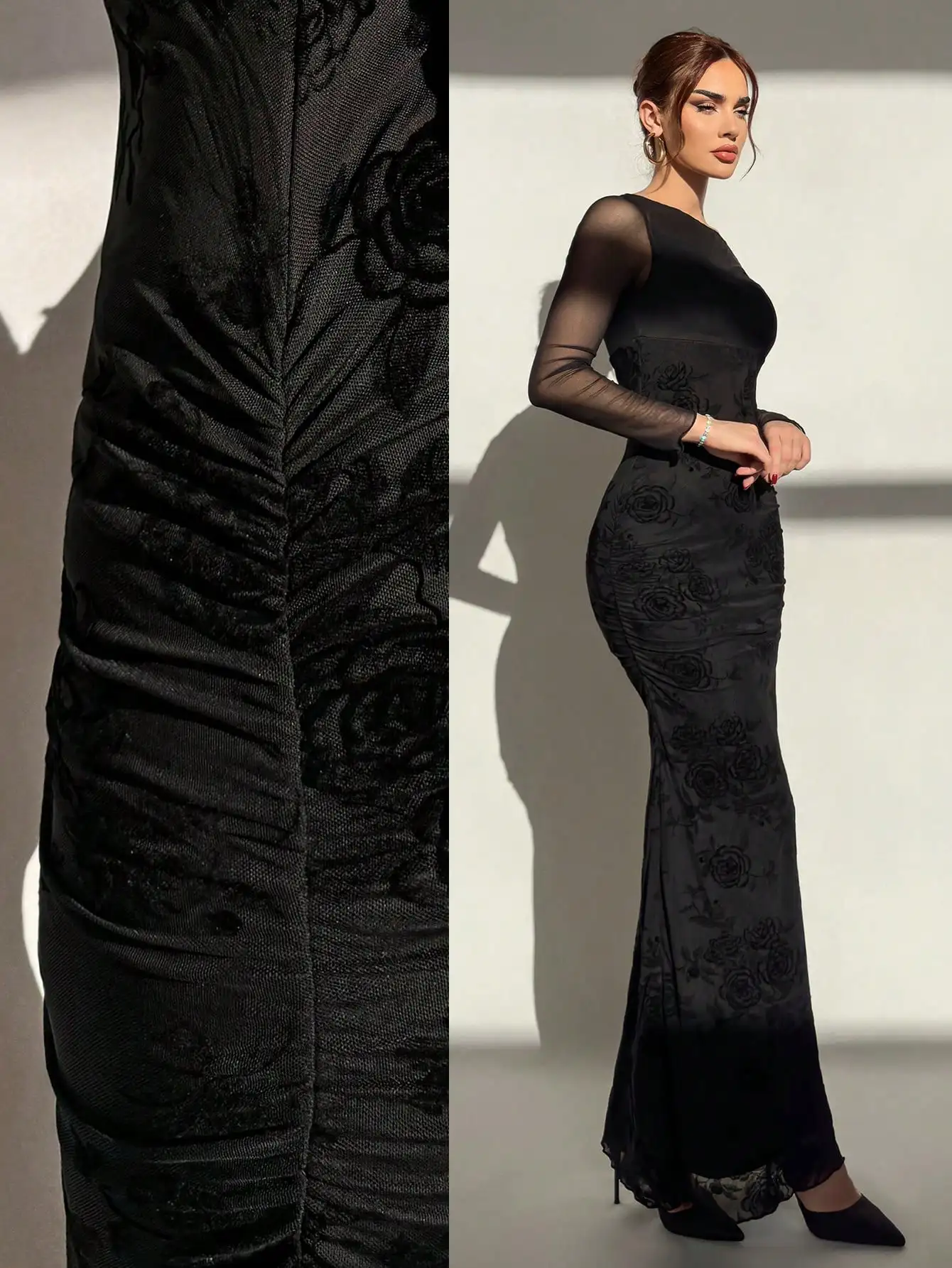 

Черное облегающее платье с длинными рукавами, цветочным тиснением на сетке и драпировкой