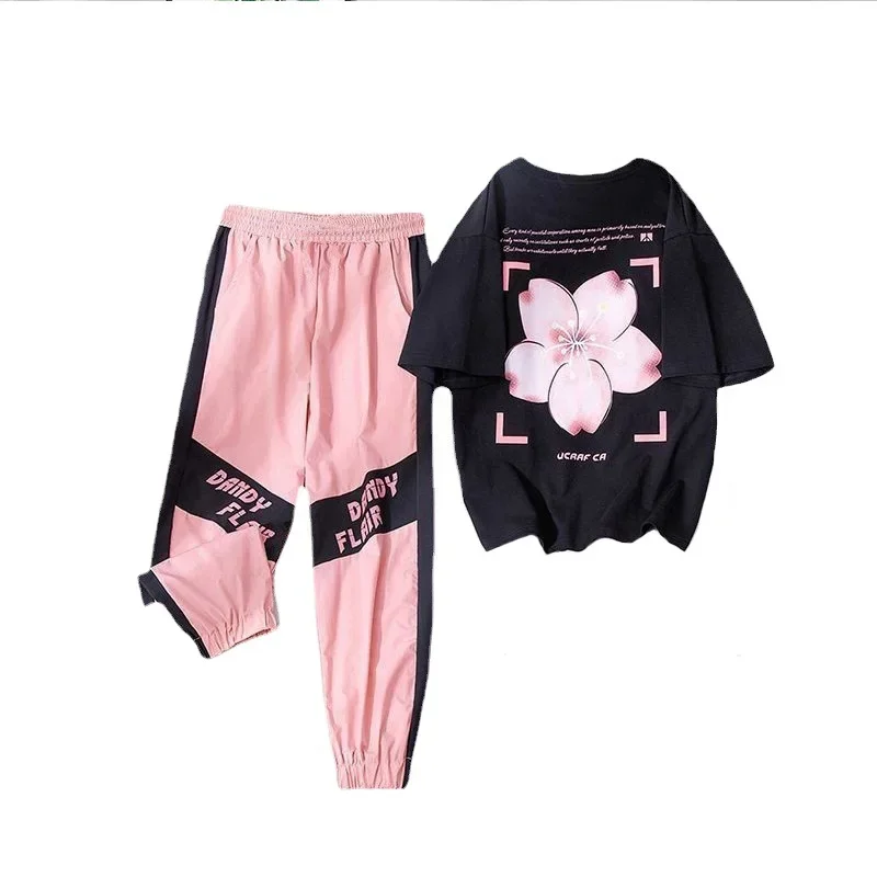 2024 girls Clothes Child Sports Suit Teen tracksuit loose flower t shirt tops + Ankle-tied pants striped 10 11 12 14 15 years