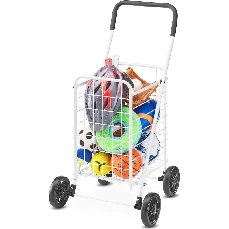 

Whitmor Folding Utility Shopping Cart with Wheels, Heavy Duty Metal Grocery Cart, Portable Foam Handle, Rolling